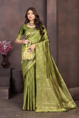 Elegant Mehendi Green Banarasi Silk Saree with Traditional Golden Zari Work