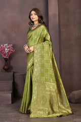 Elegant Mehendi Green Banarasi Silk Saree with Traditional Golden Zari Work