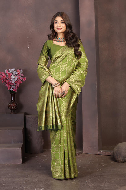Elegant Mehendi Green Banarasi Silk Saree with Traditional Golden Zari Work