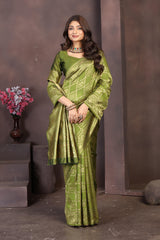Elegant Mehendi Green Banarasi Silk Saree with Traditional Golden Zari Work