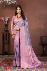 Dusty Lavender Banarasi Silk Saree with Soft Pink Zari and Floral Meenakari Pallu