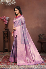 Dusty Lavender Banarasi Silk Saree with Soft Pink Zari and Floral Meenakari Pallu