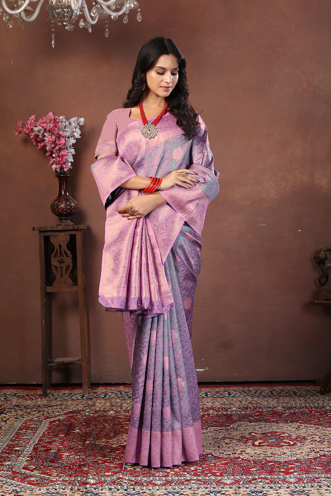 Dusty Lavender Banarasi Silk Saree with Soft Pink Zari and Floral Meenakari Pallu