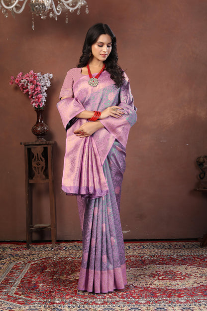 Dusty Lavender Banarasi Silk Saree with Soft Pink Zari and Floral Meenakari Pallu