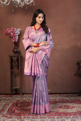 Dusty Lavender Banarasi Silk Saree with Soft Pink Zari and Floral Meenakari Pallu