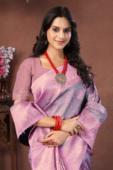 Dusty Lavender Banarasi Silk Saree with Soft Pink Zari and Floral Meenakari Pallu