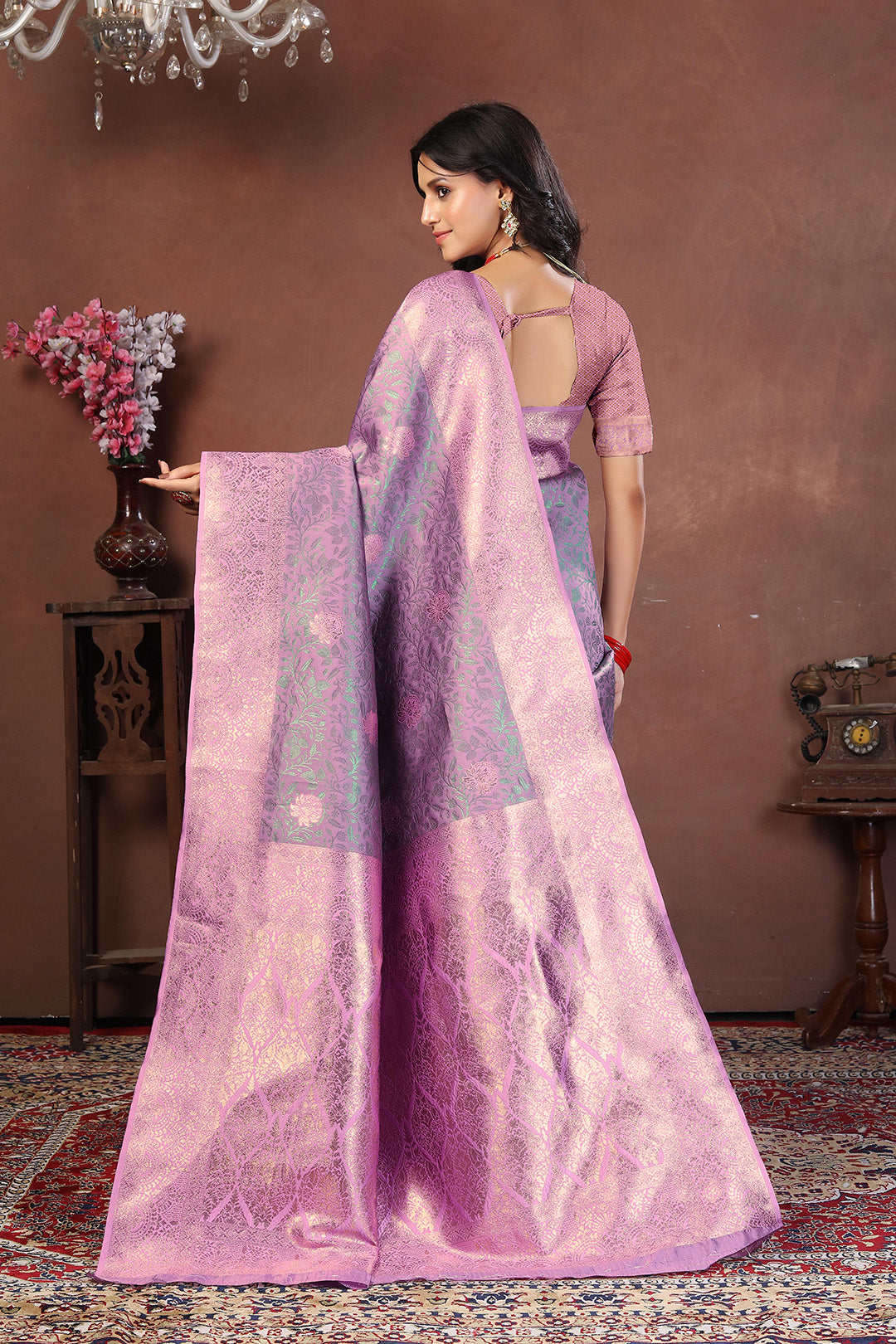 Dusty Lavender Banarasi Silk Saree with Soft Pink Zari and Floral Meenakari Pallu