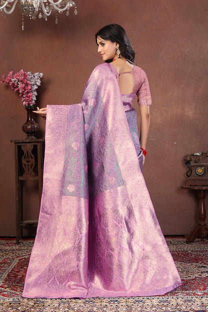 Dusty Lavender Banarasi Silk Saree with Soft Pink Zari and Floral Meenakari Pallu