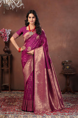 Rani Pink Banarasi Silk Saree with Traditional Gold Zari & Blouse Border Detail