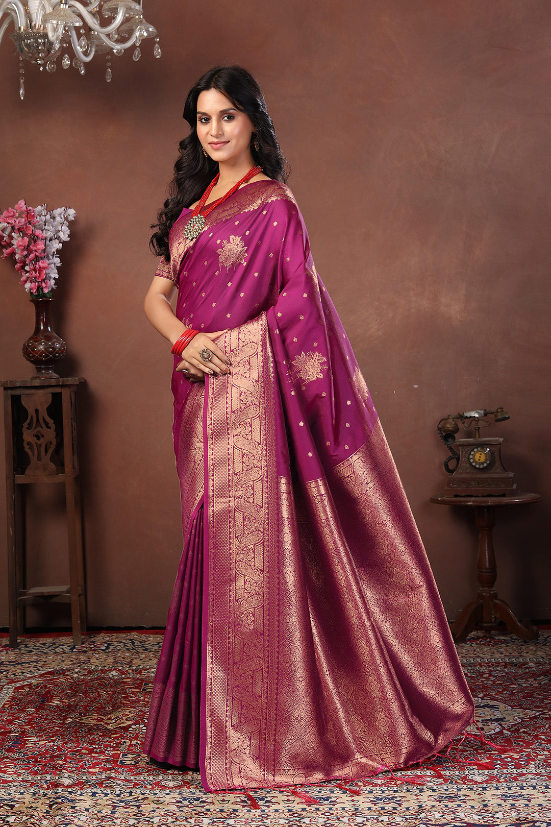 Rani Pink Banarasi Silk Saree with Traditional Gold Zari & Blouse Border Detail