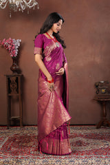 Rani Pink Banarasi Silk Saree with Traditional Gold Zari & Blouse Border Detail