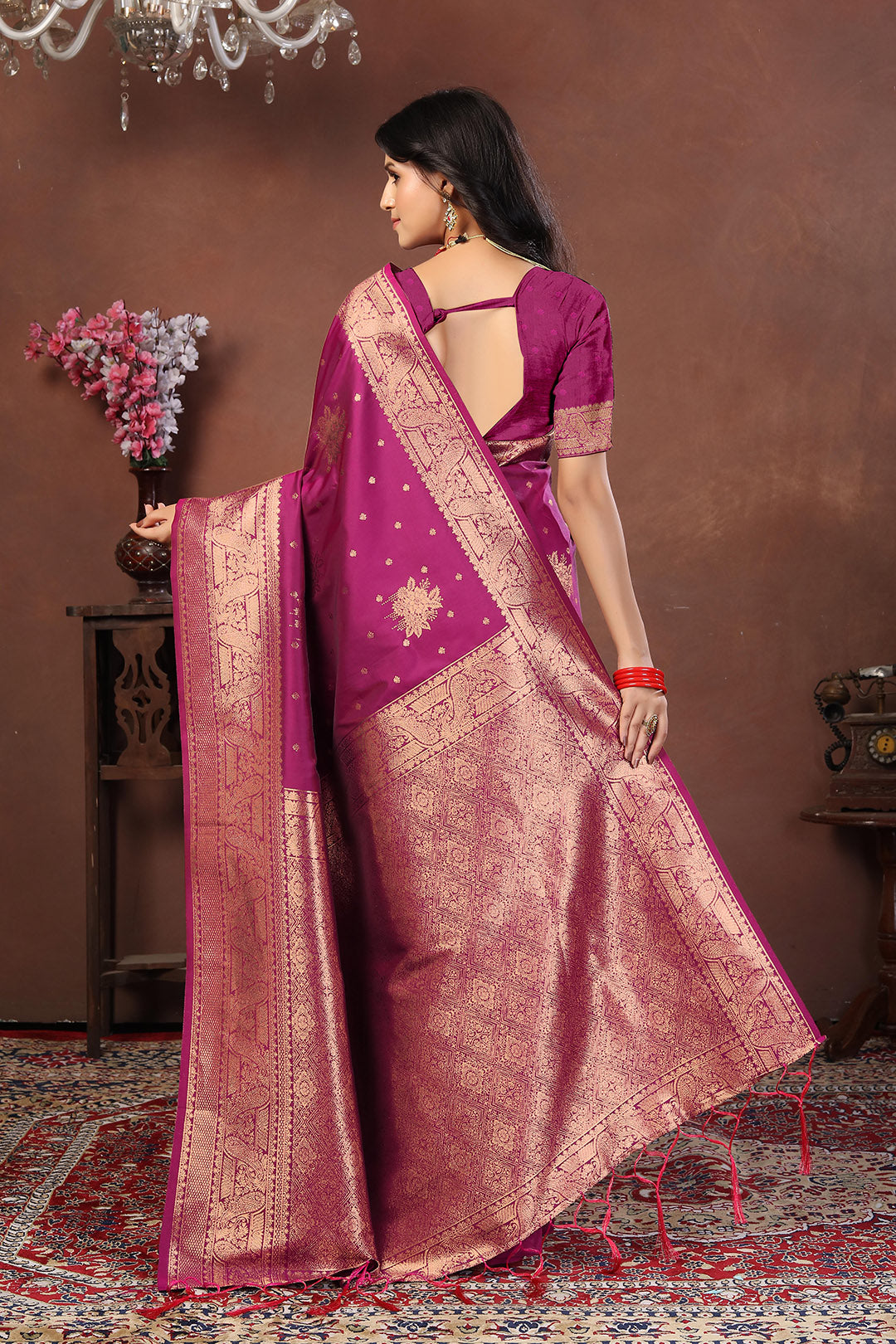 Rani Pink Banarasi Silk Saree with Traditional Gold Zari & Blouse Border Detail