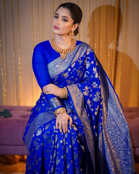 Royal Blue Soft Pretty Banarasi Silk Saree With Glorious Blouse Piece