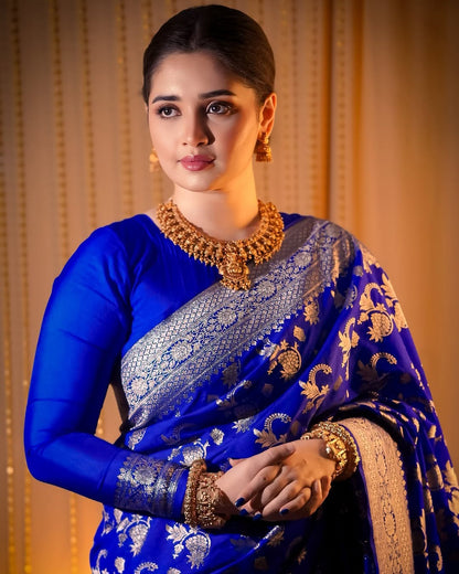 Royal Blue Soft Pretty Banarasi Silk Saree With Glorious Blouse Piece