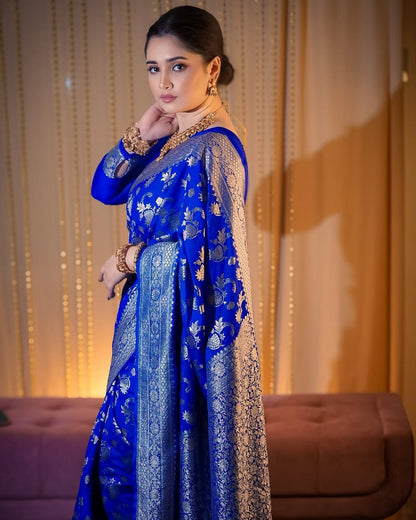 Royal Blue Soft Pretty Banarasi Silk Saree With Glorious Blouse Piece