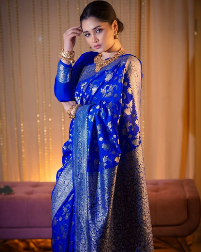 Royal Blue Soft Pretty Banarasi Silk Saree With Glorious Blouse Piece