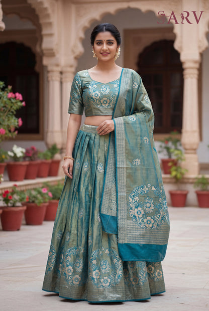 Elegant Teal Banarasi silk Lehenga Set