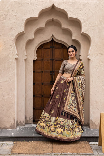 Brown Dola Silk Digital Print Lehenga Choli with Designer Heritage Print Dupatta