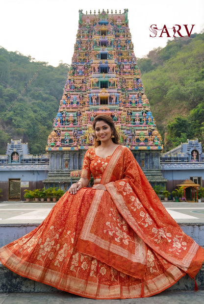 Royal Rust Orange Banarasi Silk Lehenga Set With Zari Floral Design