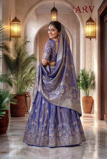 Royal Blue Banarasi Silk Lehenga Set With Zari Woven Motifs