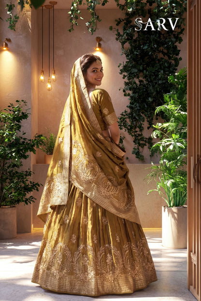 Royal Mustard Gold Banarasi Silk Lehenga Set With Zari Woven Design