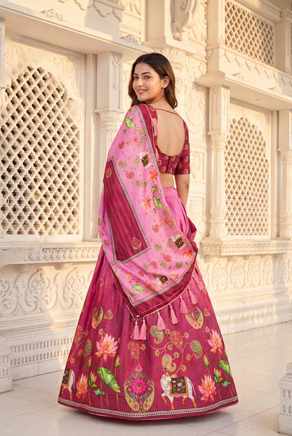 Premium Rani Pink Dola Silk Digital Print Lehenga Choli with Floral Designer Dupatta