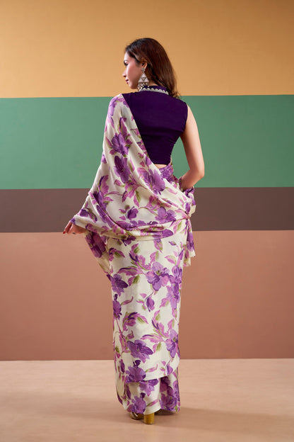 Premium Satin Silk Floral Printed Saree with Stitched Natural Silk Blouse | Elegant Party Wear (4 Colors)