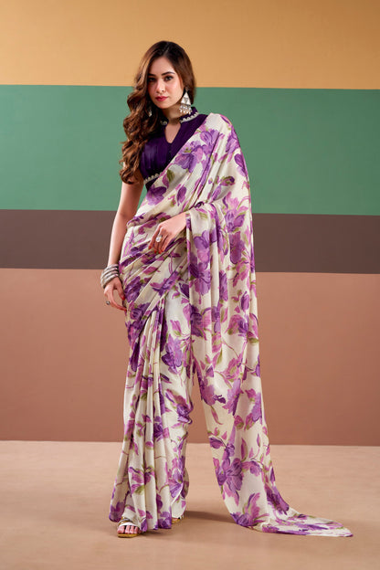 Premium Satin Silk Floral Printed Saree with Stitched Natural Silk Blouse | Elegant Party Wear (4 Colors)
