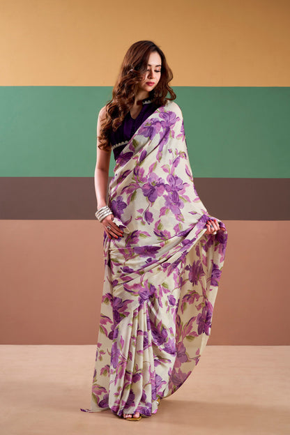 Premium Satin Silk Floral Printed Saree with Stitched Natural Silk Blouse | Elegant Party Wear (4 Colors)
