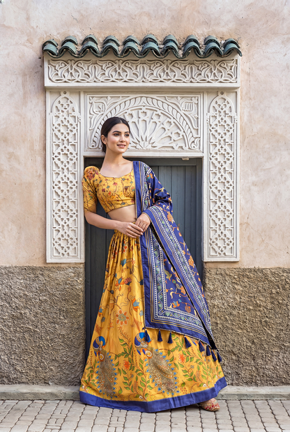 Mustard Yellow Digital Print Lehenga Choli with Navy Blue Dupatta | Traditional Floral Ethnic Wear for Women