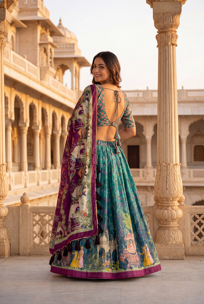 Teal Green Dola Silk Digital Print Lehenga Choli with Designer Printed Dupatta