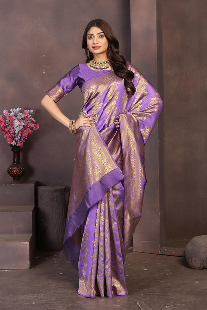 Regal Purple Banarasi Silk Saree with Intricate Golden Zari Weaving