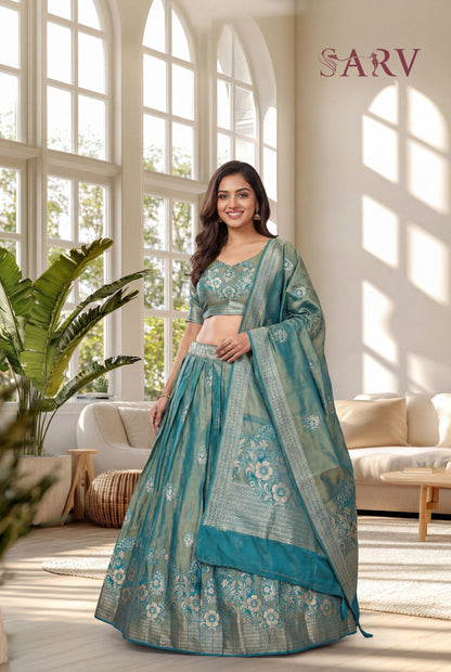 Elegant Teal Banarasi silk Lehenga Set