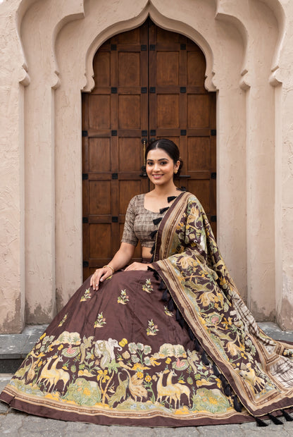 Brown Dola Silk Digital Print Lehenga Choli with Designer Heritage Print Dupatta