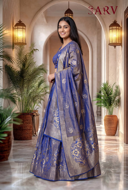 Royal Blue Banarasi Silk Lehenga Set With Zari Woven Motifs
