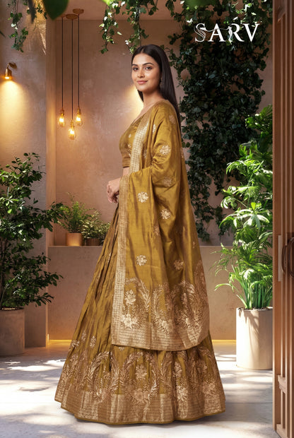 Royal Mustard Gold Banarasi Silk Lehenga Set With Zari Woven Design