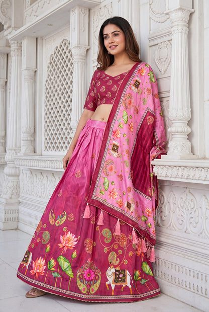 Premium Rani Pink Dola Silk Digital Print Lehenga Choli with Floral Designer Dupatta