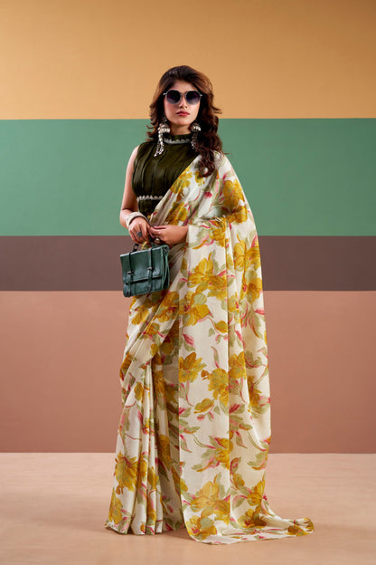 Premium Satin Silk Floral Printed Saree with Stitched Natural Silk Blouse | Elegant Party Wear (4 Colors)