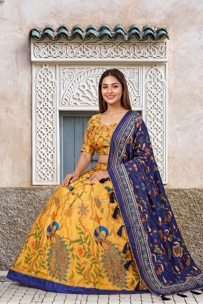 Mustard Yellow Digital Print Lehenga Choli with Navy Blue Dupatta | Traditional Floral Ethnic Wear for Women