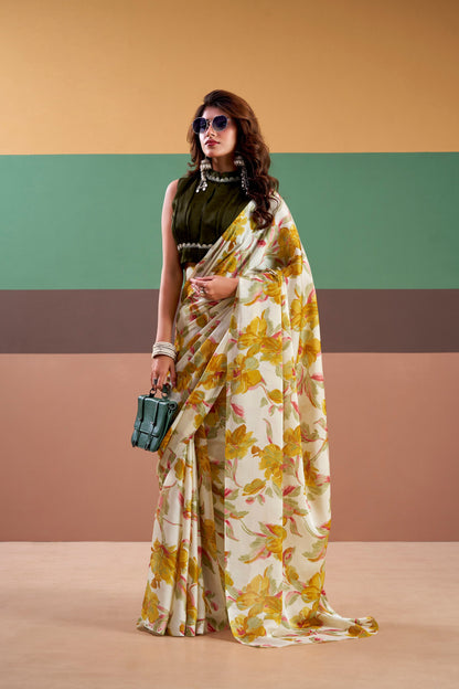 Premium Satin Silk Floral Printed Saree with Stitched Natural Silk Blouse | Elegant Party Wear (4 Colors)