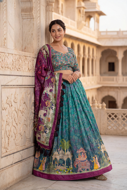 Teal Green Dola Silk Digital Print Lehenga Choli with Designer Printed Dupatta
