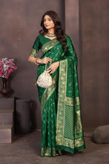 Classic Bottle Green Banarasi Silk Saree with Intricate Zari Border and Pallu