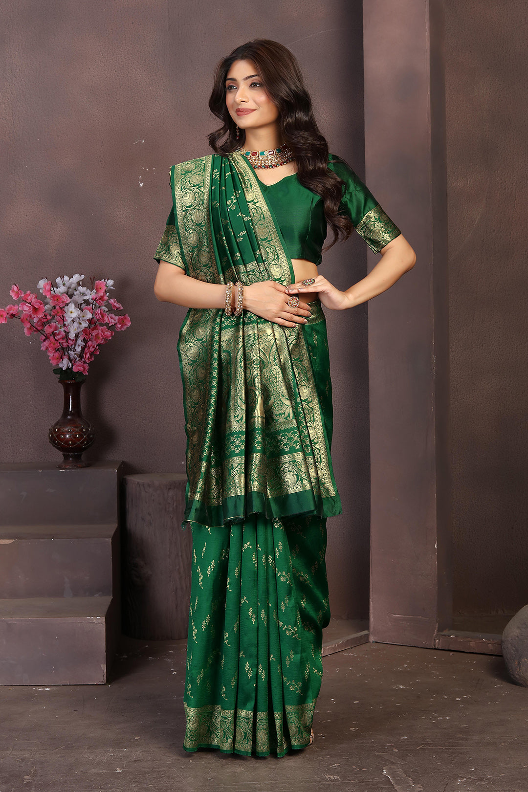 Classic Bottle Green Banarasi Silk Saree with Intricate Zari Border and Pallu