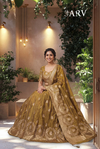 Royal Mustard Gold Banarasi Silk Lehenga Set With Zari Woven Design