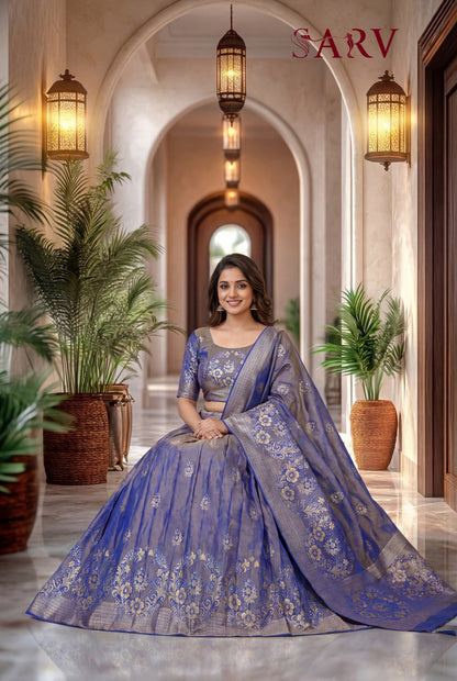 Royal Blue Banarasi Silk Lehenga Set With Zari Woven Motifs