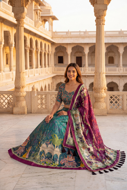 Teal Green Dola Silk Digital Print Lehenga Choli with Designer Printed Dupatta