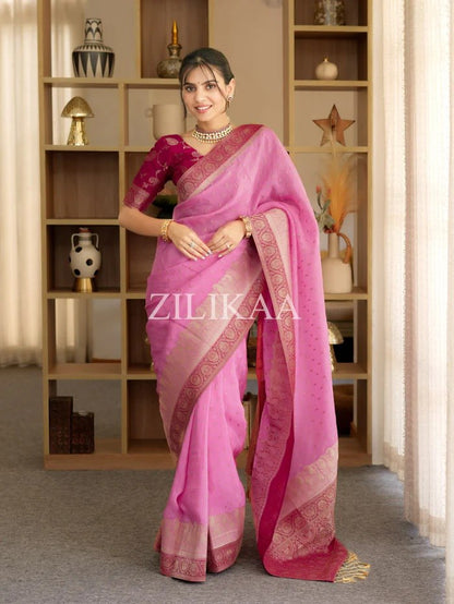 Soft Banarasi Silk Saree with Rich Zari Woven Border & Running Blouse | Wedding, Festive & Party Wear | 5 Colors
