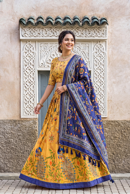 Mustard Yellow Digital Print Lehenga Choli with Navy Blue Dupatta | Traditional Floral Ethnic Wear for Women