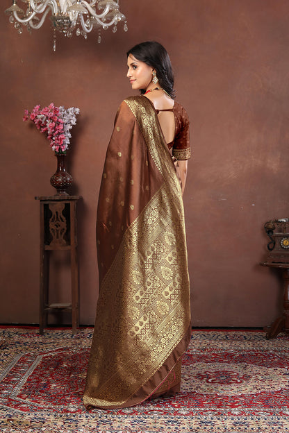 Rich Coffee Brown Banarasi Silk Saree with Antique Gold Zari Floral Weave