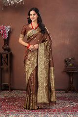Rich Coffee Brown Banarasi Silk Saree with Antique Gold Zari Floral Weave